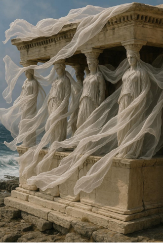 #Caryatids ag sileadh sa ghaoth# Tá dlúthbhaint ag stíl na dealbhóireachta le healaín ársa na Gréige